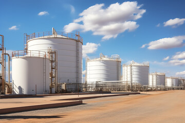 Obraz premium Close up of oil and gas terminal storage tanks of industrial plant or industrial refinery factor with a cloudy sky at midday or noon; in the desert the future of energy