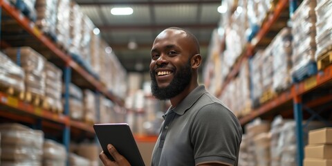 A warehouse worker with a bright smile holds a tablet while standing amongst the inventory