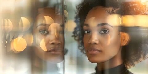 Reflection of an African American businesswoman in office glass symbolizes workplace challenges. Concept Workplace Diversity, Glass Ceilings, Professional Reflections, Career Obstacles