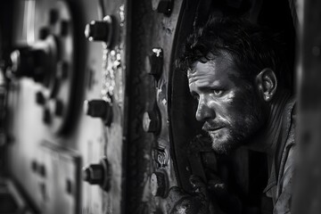 Man looking out window ship