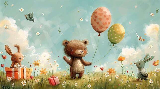 Delightful hand-drawn illustration of a birthday party scene with smiling animals, including a bear, bunny, and bird, holding balloons and presents under a sunny sky with fluffy clouds.