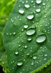 Close-up of a green leaf with perfectly formed dew drops