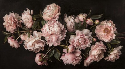 botanical art with a detailed painting featuring pink peonies and lush green leaves set against a dramatic black background, capturing the exquisite beauty of nature's bounty.