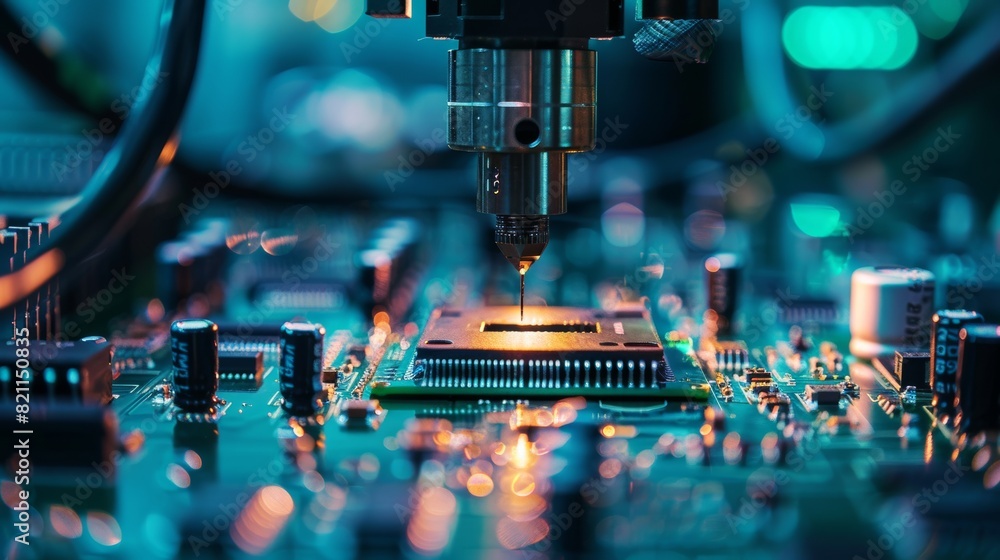 Poster an automated robotic arm assembles a printed circuit board with surface-mounted technology connectin