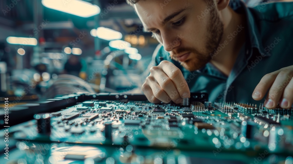 Poster an inspector checks a pcb using surface mount pick and place technology. in the background is an ass