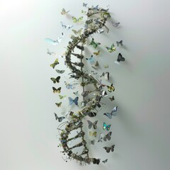 A butterfly sculpture made of paper and wire that looks like a DNA strand
