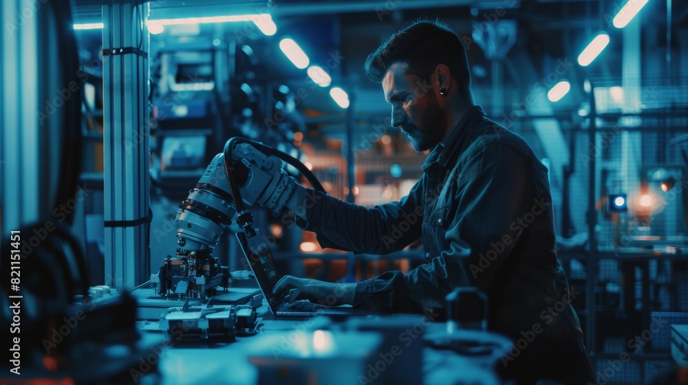 Poster factory automation engineer programmes robotic arm with laptop. new era in automatic manufacturing.