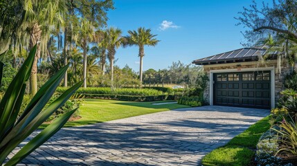 Obraz premium Serene Driveway Oasis: Garage Amongst Palm Trees