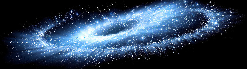 Obraz premium An ethereal blue spiral galaxy, composed of countless glowing particles, elegantly swirls against the infinite darkness of a black background, creating a mesmerizing celestial spectacle