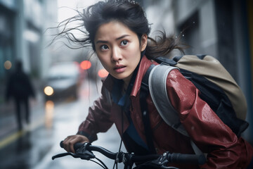 Naklejka premium A beautiful young adult of Asian hipster woman riding her bicycle to work, a frontside portrait of a woman commuting on a bicycle on a rainy day in an urban street at mid-day