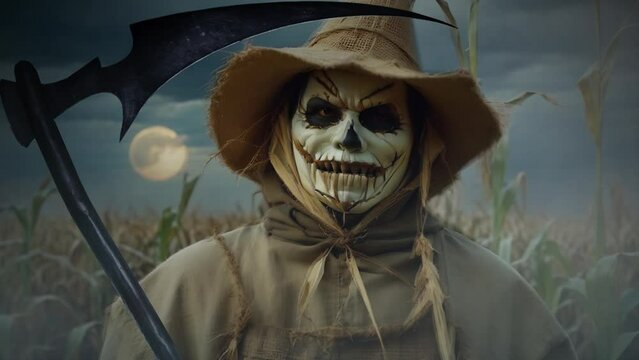 Evil Scarecrow Close-up with Full Moon and Scythe 4K Loop features an A.I. Generated video of a close-up of a scarecrow creature holding a scythe or sickle in a cornfield with a full moon at night.