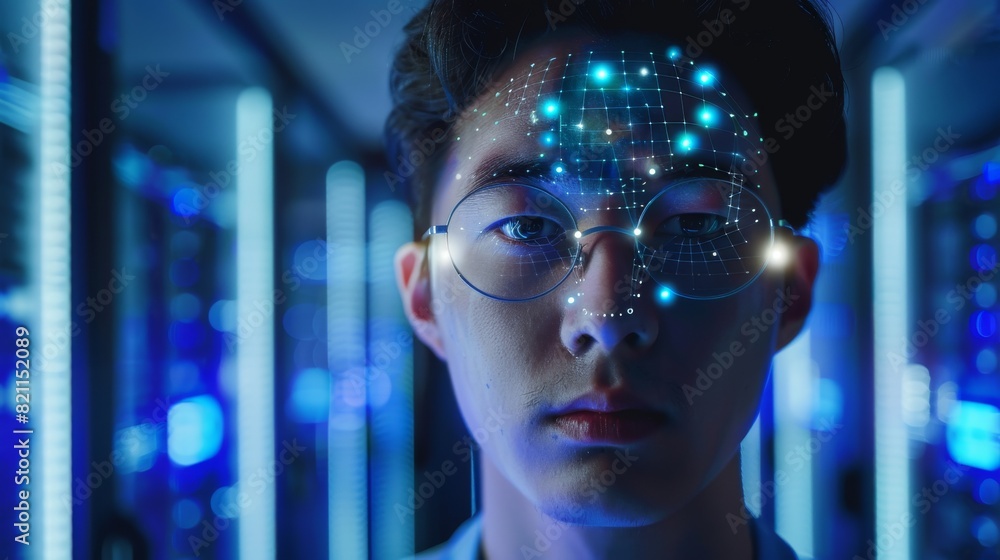 Poster the face of an asian it engineer is recognized by a biometric facial recognition process in a data c