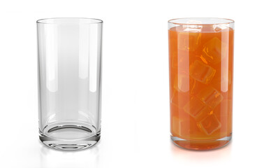 Set of glasses of fruit juice on white background. One clear empty glass and one glass with mango juice and ice cubes. 3d illustration