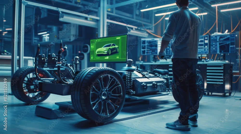 Poster in a high-tech development laboratory, the professional engineer uses a computer with a green screen