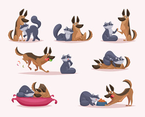Dog and cats together. Friendship of domestic animals cats dogs playing sitting together exact vector cartoon illustrations