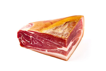 Italian prosciutto crudo or spanish jamon. Jerked meat, isolated on white background. High resolution image