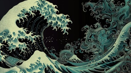 Abstract artistic illustration of a powerful ocean wave, inspired by traditional Japanese art, with intricate and flowing details in blue hues.