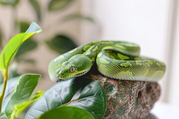 Fototapeta premium exotic pet green tree python snake at natural enclosure at home. Reptile exotic vet clinic poster.