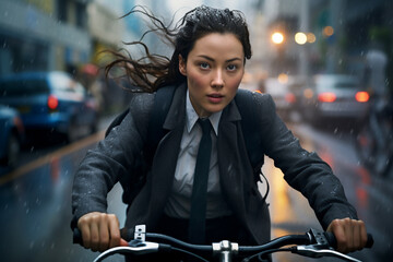 A beautiful young adult of Mongolianformal woman riding her bicycle to work, a frontside portrait of a woman commuting on a bicycle on a rainy day in an urban street at mid-day