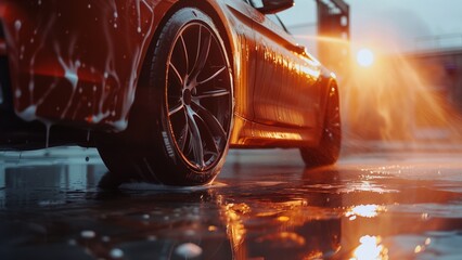 The man washes the car with high pressure water, closeup of wheel and car body. The concept is cleaning in a spacious outdoor washing area. Car detailing