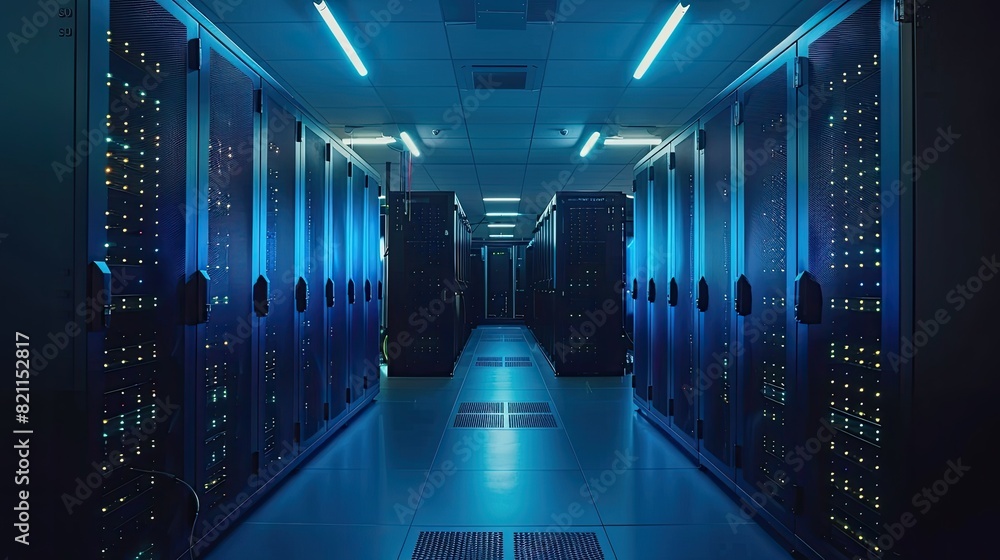 Aufkleber futuristic data center with rows of high speed servers emitting blue light, cool and efficient
