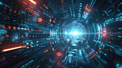Obraz premium Futuristic digital tunnel with vibrant neon lights illustrating advanced technology and cyberspace. Perfect for tech innovation concepts.