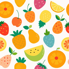 Seamless pattern of various fruits including strawberries, oranges, and pears. Flat illustration on a beige background. Healthy eating and fruit concept. Design for textile, wallpaper, print.