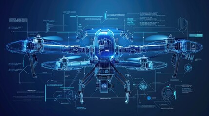 Futuristic drone blueprint illustration showcasing detailed engineering design and technology components, perfect for tech enthusiasts and professionals.