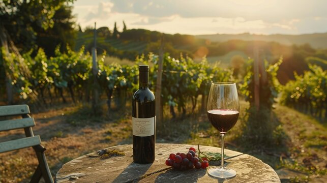 Tuscany vineyard elegance captured with red wine bottle and glass on a table