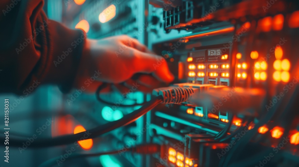 Poster it administrator plugs in rj45 internet connector into lan router switch in data center. cables conn