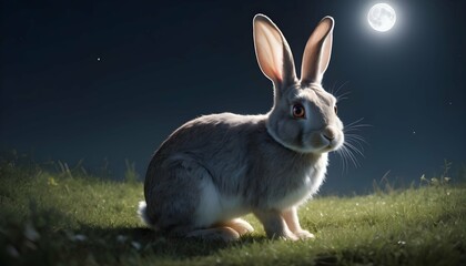 A Rabbit With Bright Eyes Gleaming In The Moonligh