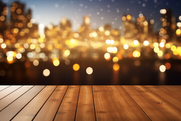 Empty wooden planks or tabletop in front of a blurred bokeh city with water drops and maximalist background a product display background or wallpaper concept with front-lighting