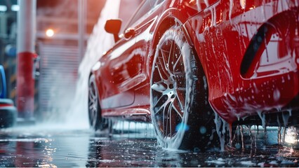 The man washes the car with high pressure water, closeup of wheel and car body. The concept is cleaning in a spacious outdoor washing area. Car detailing