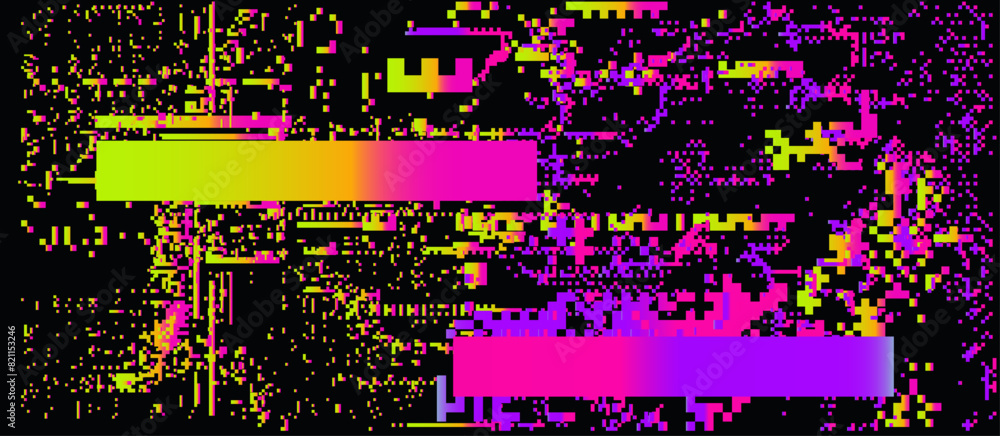 Aufkleber Dark background with distorted pattern of decaying neon pixels. Vector illustration in 8-bit glitch art style.