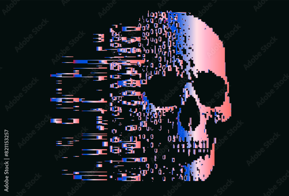 Poster holographic skull emerging out of glitch noise. a pixel illustration whitch tackles an issue of comm
