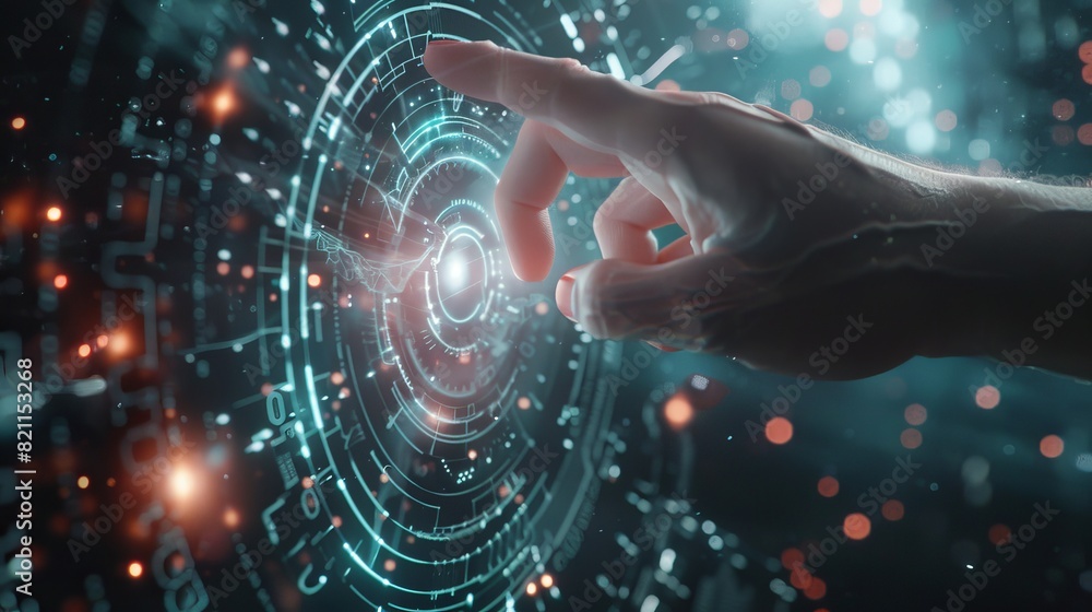 Poster a human finger presses a touch screen button, activating futuristic artificial intelligence. this is