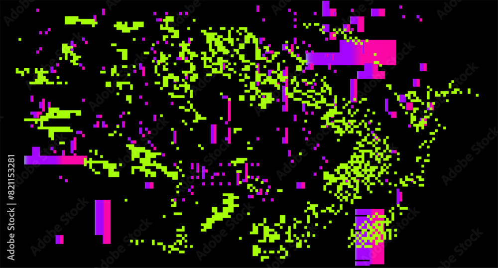 Poster Dark background with distorted pattern of neon pixels. Vector illustration in 8-bit glitch art style.