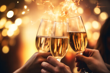a group of friends caucasian hands toasting champagne glasses for valentine with a light and sparklers background, a celebration or engagement concept