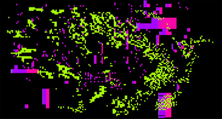 Dark background with distorted pattern of neon pixels. Vector illustration in 8-bit glitch art style.