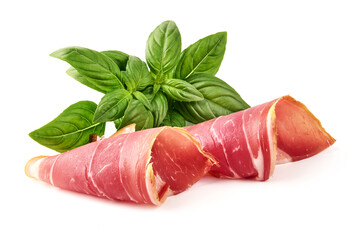 Spanish jamon iberico slices, serrano ham, isolated on white background