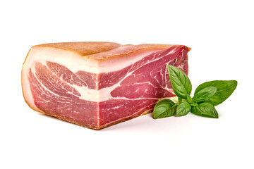 Delicious Serrano ham, cured jamon iberico, isolated on white background