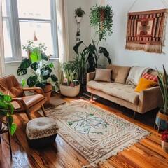 A living room with a couch, a chair, and a rug