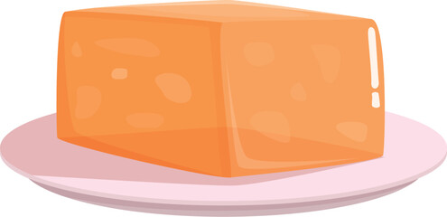 Digital illustration of a cute cartoon cheese slice on a simple pink plate, isolated on a white background