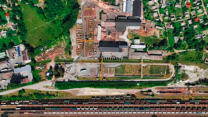 aerial cargo industrial railroad location drone photography foreshortening from top