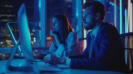 An image of a businessman working at a desk, while his project manager explains specific tasks, accounts, and strategic moves. Professionals in a corporate office late at night.