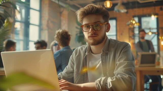 A handsome young man in glasses and shirt works on a laptop at a creative business agency. Some people work in the background. He is in a good mood.