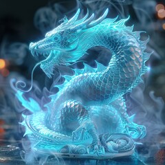 a blue dragon statue sitting on top of a table