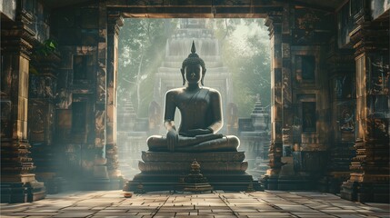 Buddha statue in Thai temple, symbolizing tranquility, meditation, and spirituality amidst ancient Asian culture