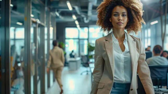 Stylish and motivated female manager is walking down the hallway to supervise her colleagues' work. She supervises the work of diverse and motivated business people in a modern open office.