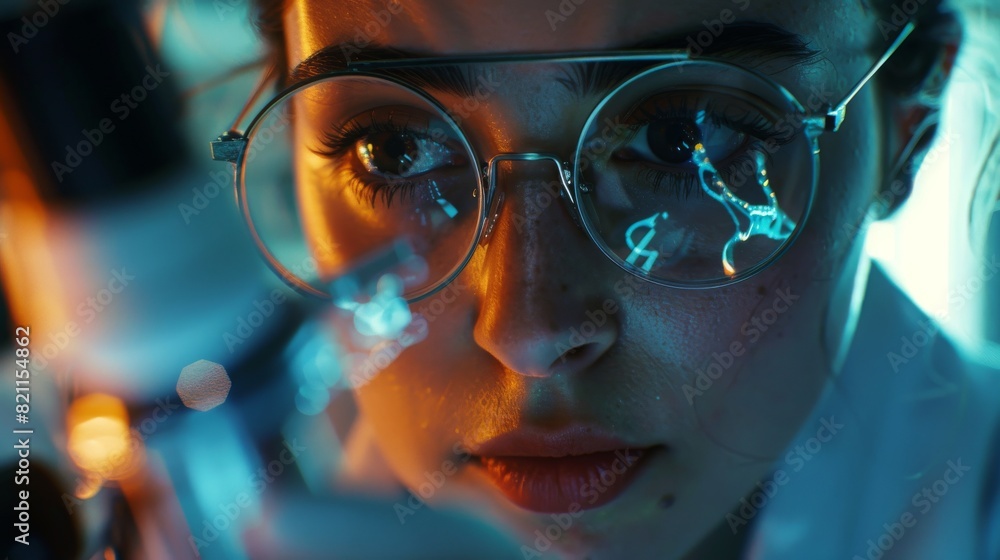 Poster microbiologist in dark medical science lab looks under microscope while analyzing a sample under a h